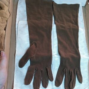Vintage Ladies Long Brown Ribbed Fashion Long Gloves